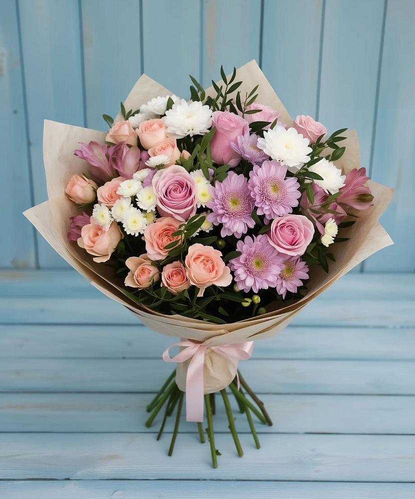 Букет цветов из: Хризантемы, Розы и Альстромерии в Николаевской Республики Северная Осетия-Алания